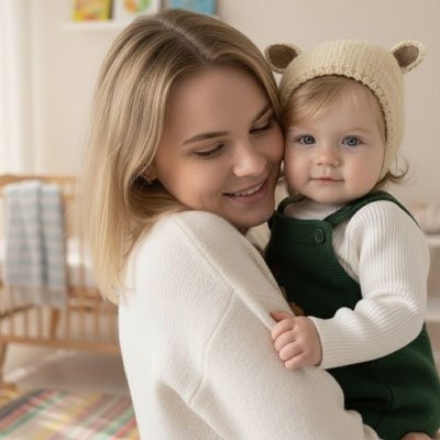 Bonnet bebe beige motif lapin maman fille