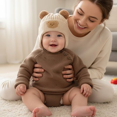 Bonnet bebe beige avec motif ours craquant et doux