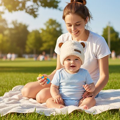 Bonnet bébé fille beige porté pendant une sortie en plein air avec sa maman
