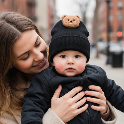 Bonnet bebe garcon noir motif ourson doux et confortable pour naissance