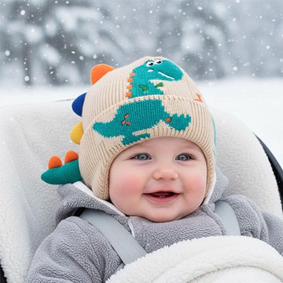 Bonnet bebe garcon très chaud beige motif dinosaure 