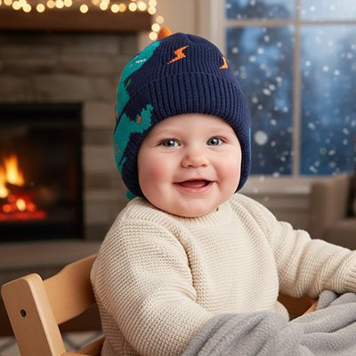 Bonnet bebe garcon très chaud bleu foncé motif dinosaure 