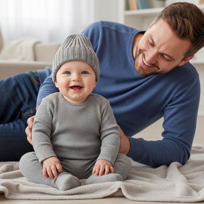 Bonnet bebe gris style élégant moment détente bébé avec papa