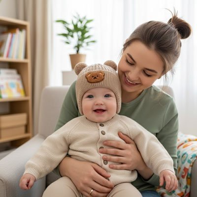 Bébé au bonnet chaud dans les bras de sa maman, moment de complicité