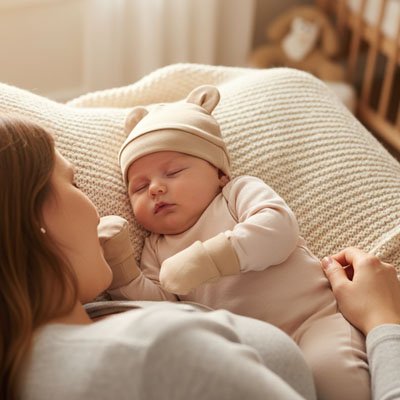 Bonnet bebe naissance beige avec accessoire gant