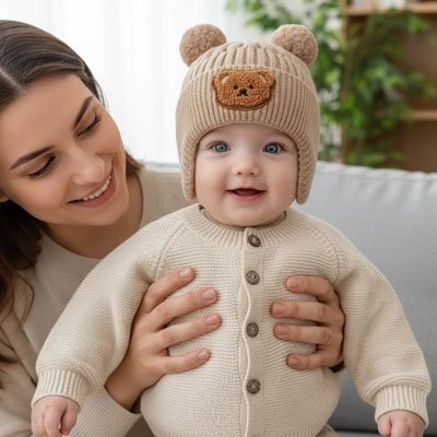 Bébé portant un bonnet avec tête d’ours pour un look mignon