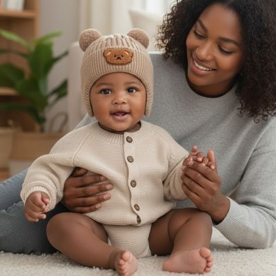 Bonnet bebe avec motif tête d’ours doux et adorable