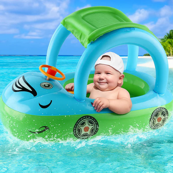 Bouee bebe motif voiture avec ombrelle anti uv et volant interactif pour piscine