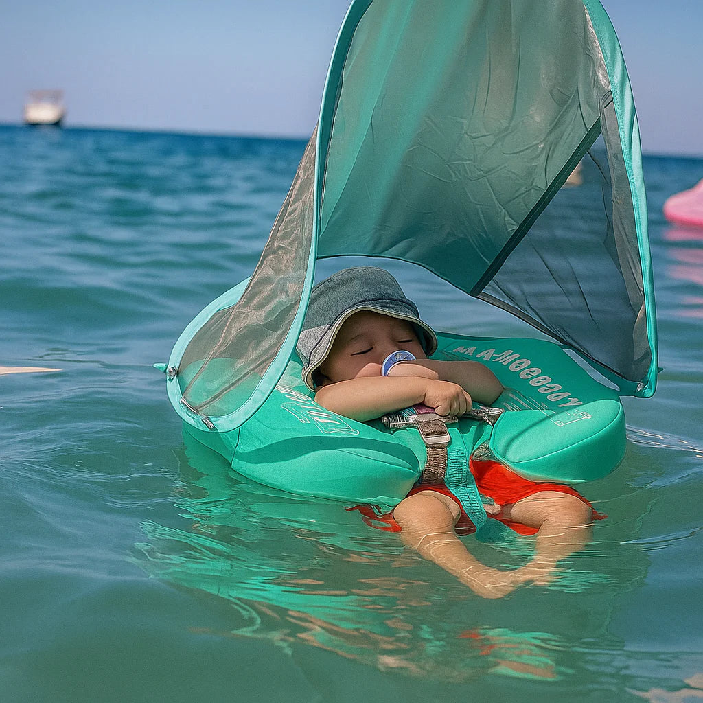 Bouée bébé bleu avec ombrelle anti UV large pour protection solaire piscine plage