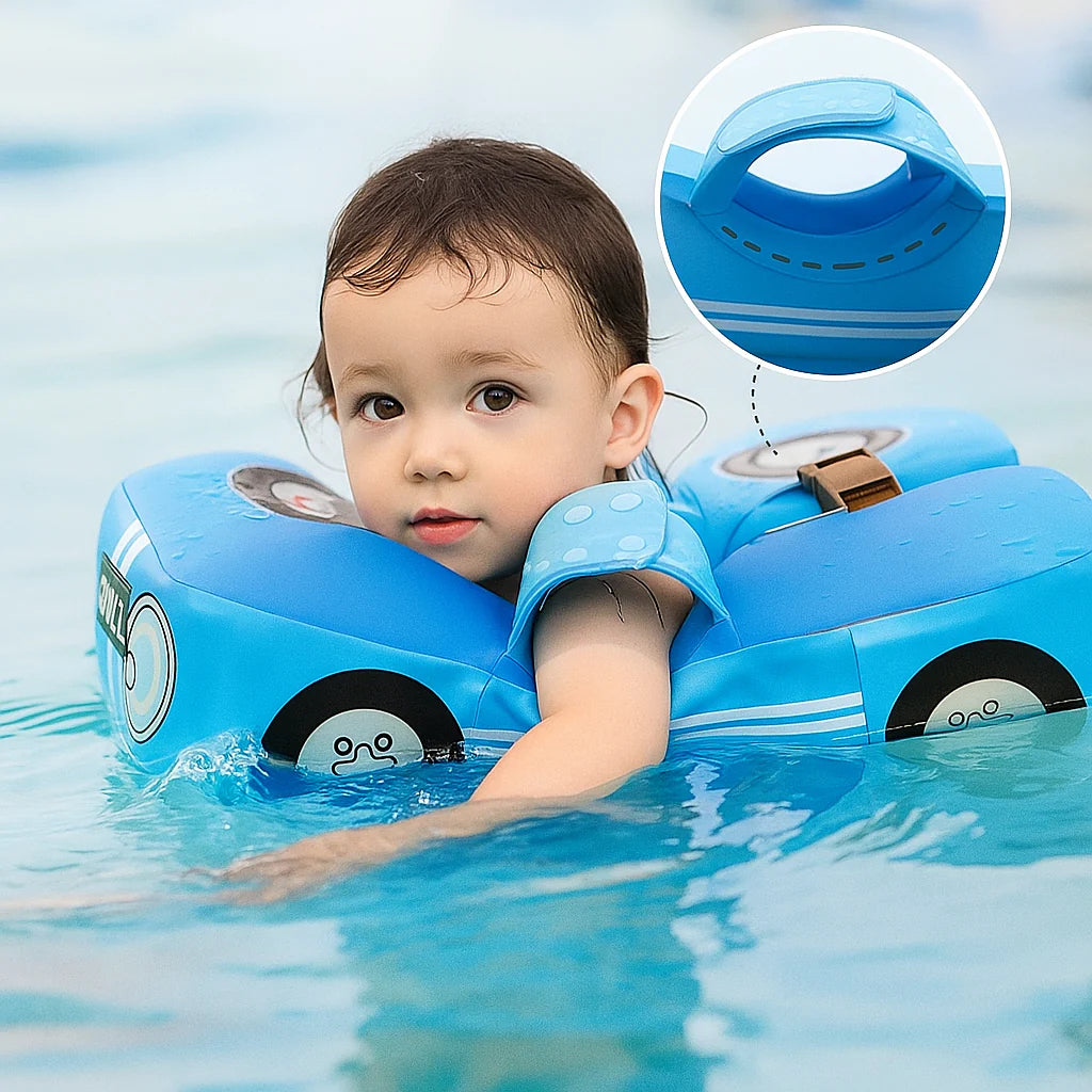 Bouée bébé non gonflable bleu vue face securité et stabilité bébé sangle main et dos