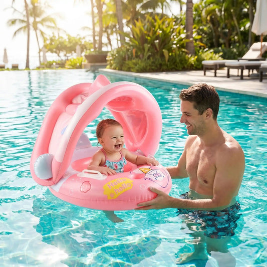 Bouee pour bebe piscine avec design ludique bébé et papa heureux