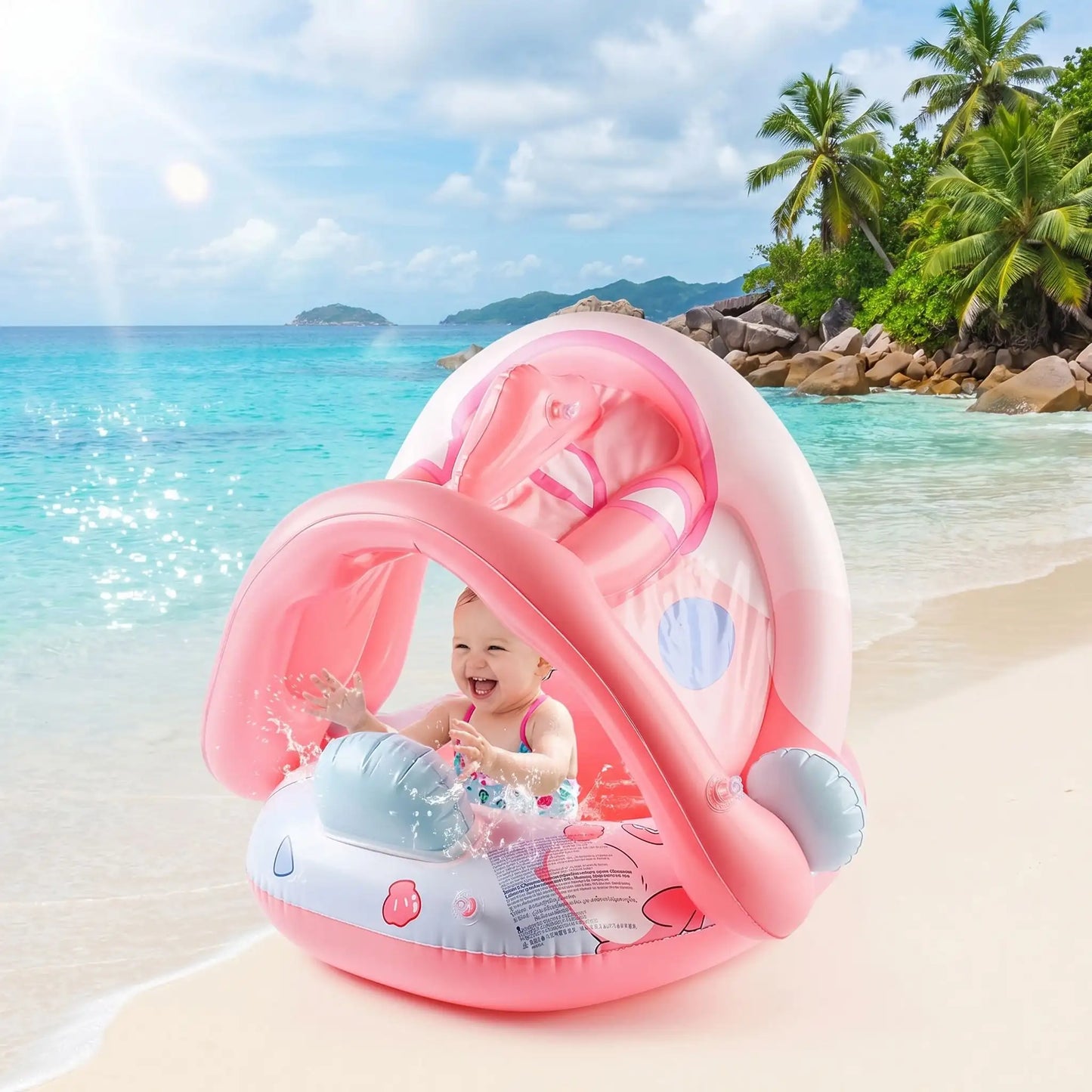 Bouee pour bebe rose avec auvent anti uv pour baignade securisée