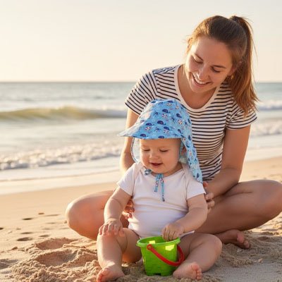 Casquette pour bebe bleu avec cape de nuque et visière large, offrant une protection solaire optimale
