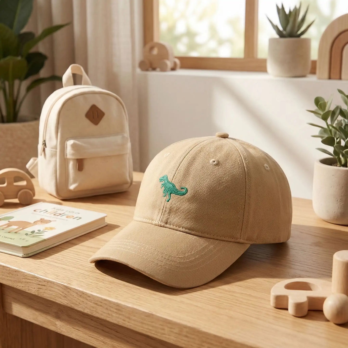 Casquette bébé beige avec motif dinosaure, style mignon et confortable