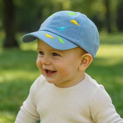 Casquette bebe bleue motif dinosaure confortable et légère