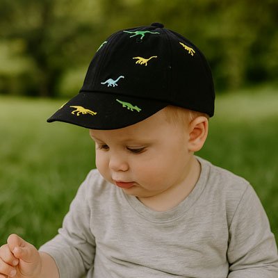 Casquette bebe noire motif dinosaure confortable et légère