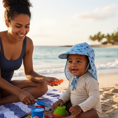 Casquette pour bebe bleue avec motif adorable, avec cape de nuque amovible