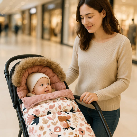 Bébé dans une chancelière poussette fleurie, chaude et confortable pour les balades hivernales