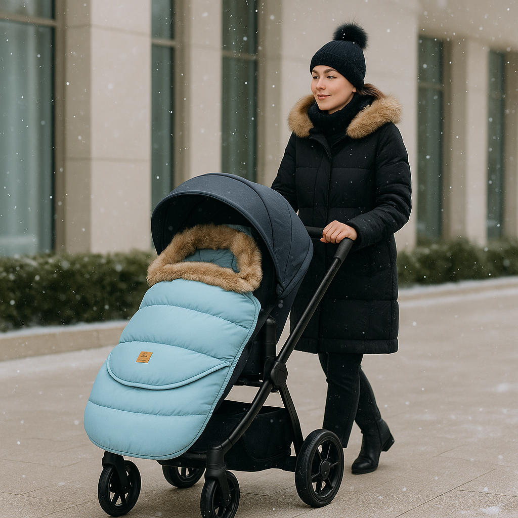Chancelière poussette bleue évolutive offrant confort et chaleur pour bébé