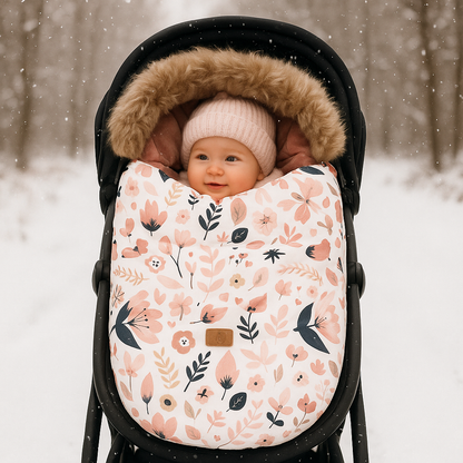Bébé dans une chancelière poussette fleurie confortable en balades hivernales