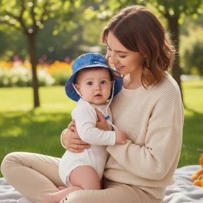 Chapeau bebe bleu motif dinosaure protection solaire pour bebe