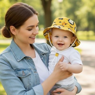 Chapeau bebe jaune motif lion avec cordon ajustable
