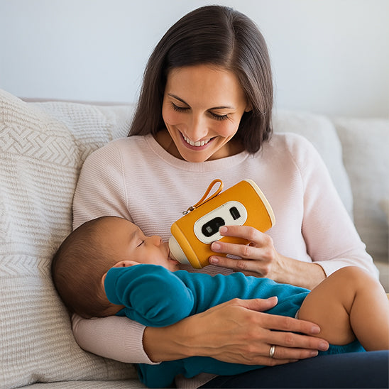 Bébé endormi paisiblement grâce au chauffe biberon nomade jaune pratique