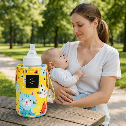 Chauffe biberon portable jaune au design élégant avec un chat bleu décoratif
