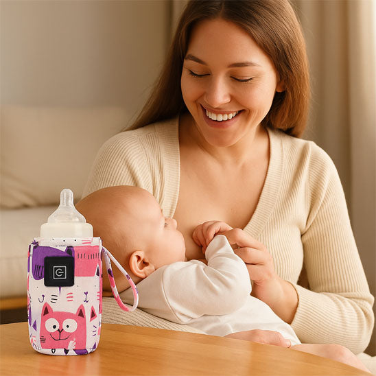 Chauffe biberon portable avec housse rose motif chat posé sur la table à côté d'une maman allaitant son bébé