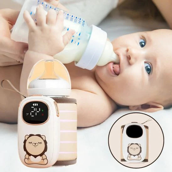 Chauffe-biberon portable beige avec design lion mignon pour bébé pratique et élégant en déplacement