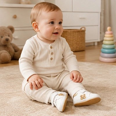 Chaussure bébé antidérapante blanche avec motif tete ours