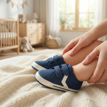 Chaussures bébé garçon bleu avec scratch, douces et confortables