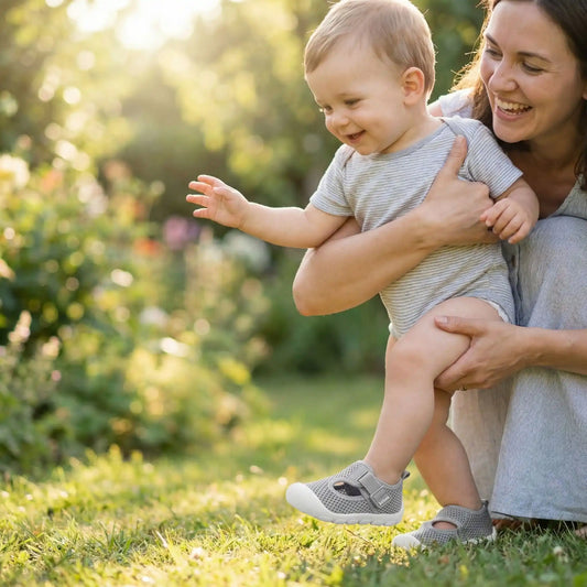 Chaussure bebe grise respirante élégante confortable pour une sortie de maman avec son bébé