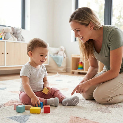 Bébé portant chaussure souple grise confortable et facile à enfilere