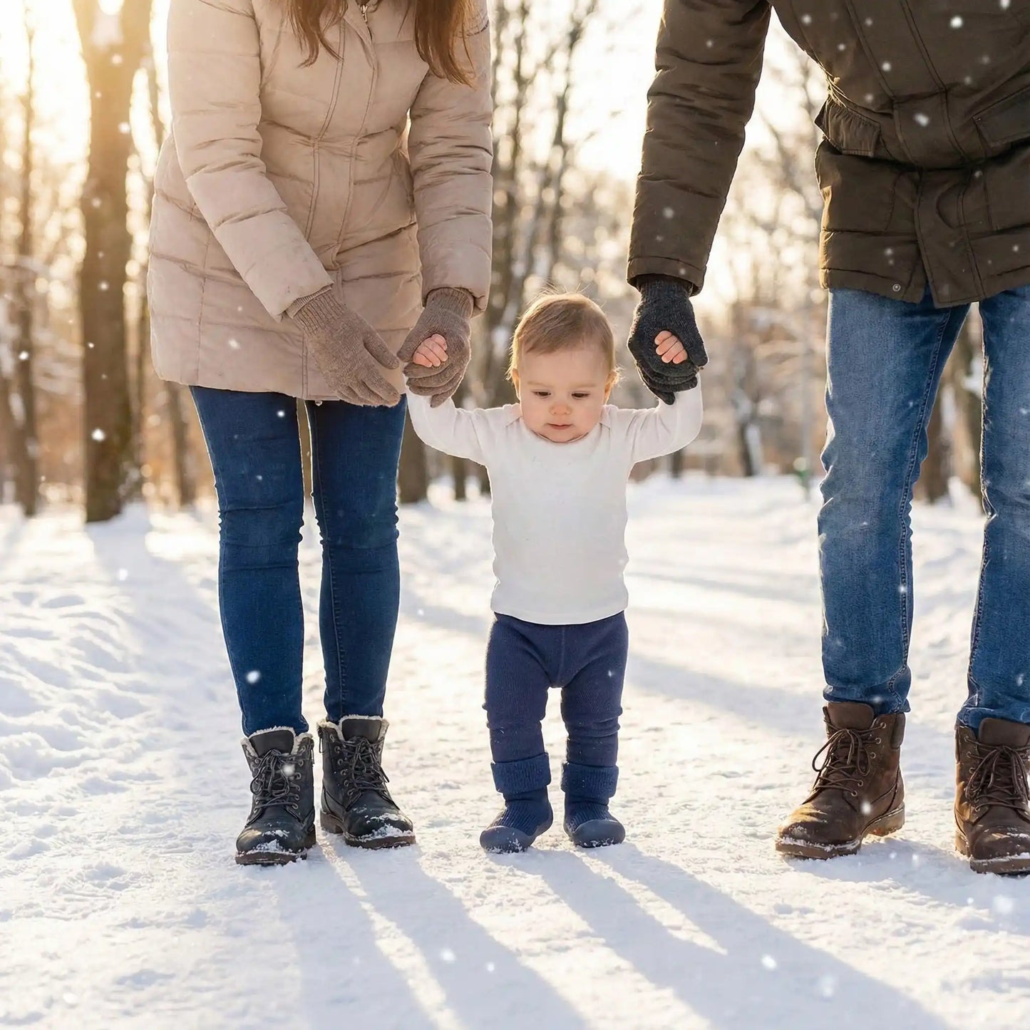 Chaussure bebe souple pour un moment familial au parc en hiver