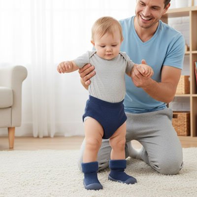 Chaussure bebe souple pour premiers pas accompagnée par papa