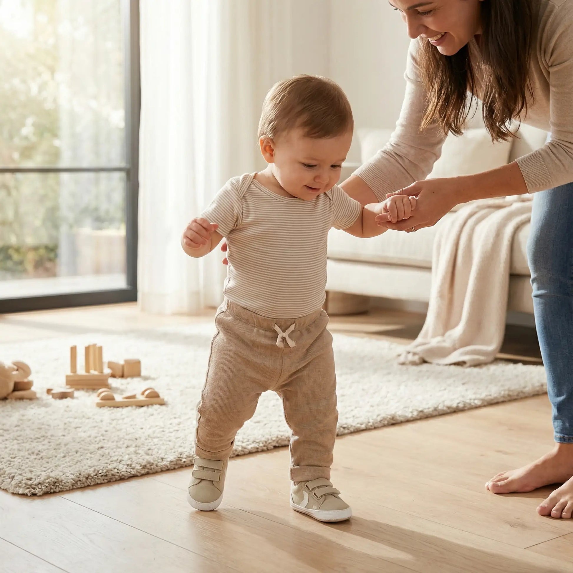 Petit garçon portant chaussure bébé garçon beige faciles à enfiler avec scratch