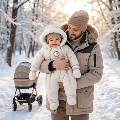 Combi pilote bébé beige avec motif tête de lion et doublure chaude, idéale pour garder bébé au chaud tout l'hiver