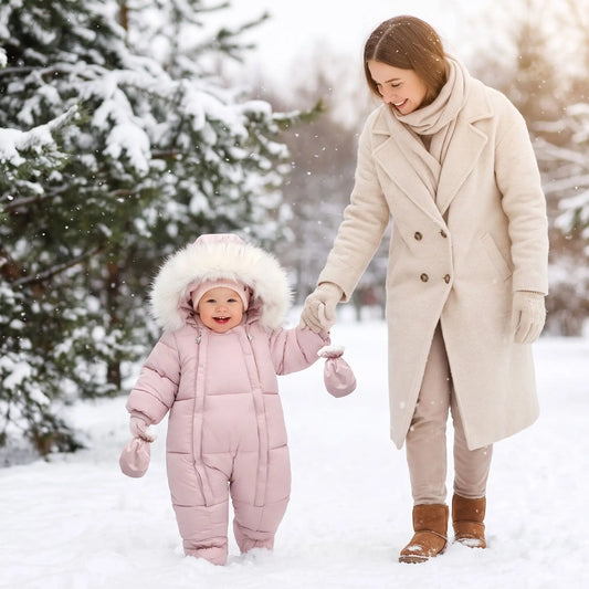 Bébé fille portant une combi pilote bébé fille rose lors d'une promenade hivernale avec sa maman