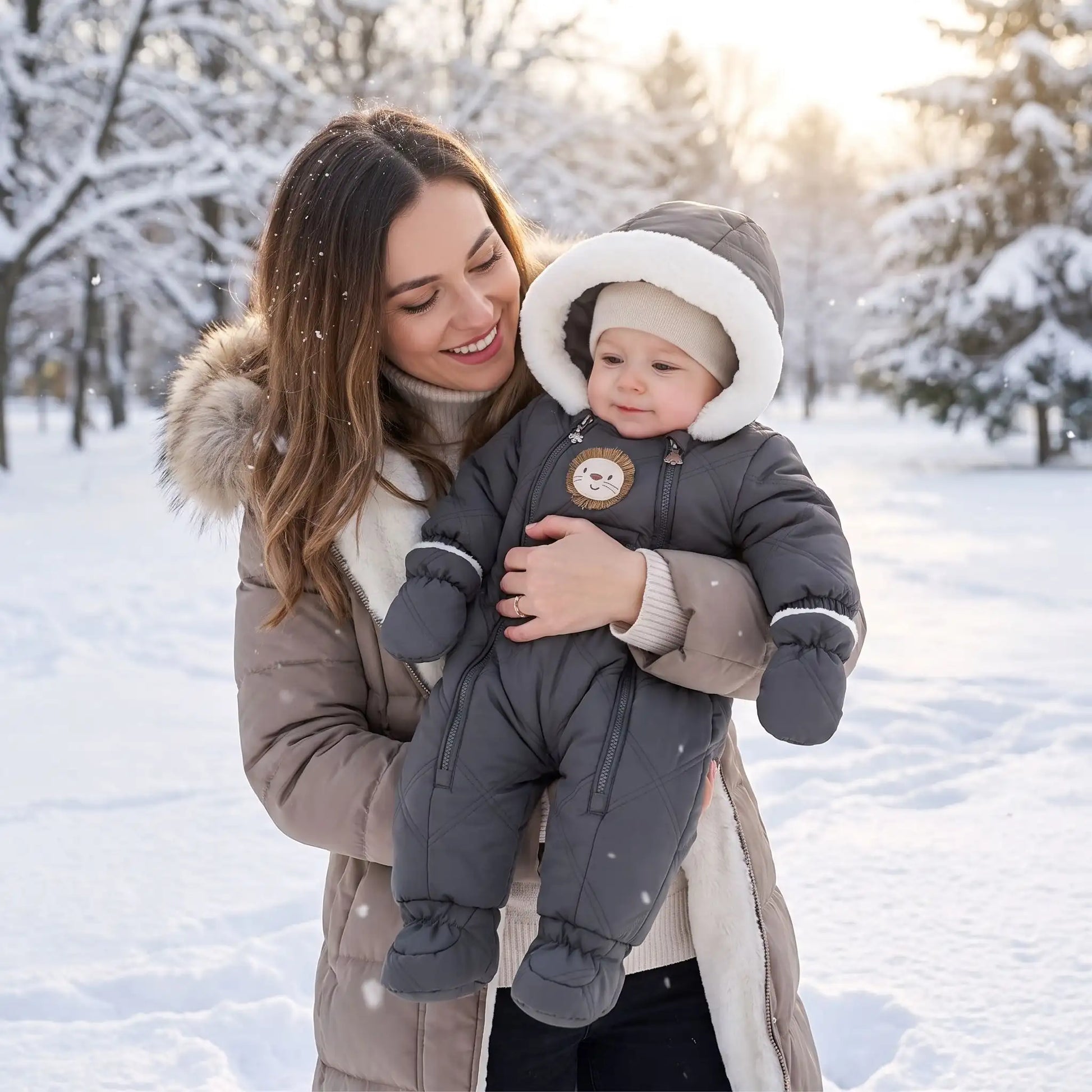 Combi pilote bébé grise avec motif tête de lion et doublure chaude, idéale pour garder bébé au chaud tout l'hiver