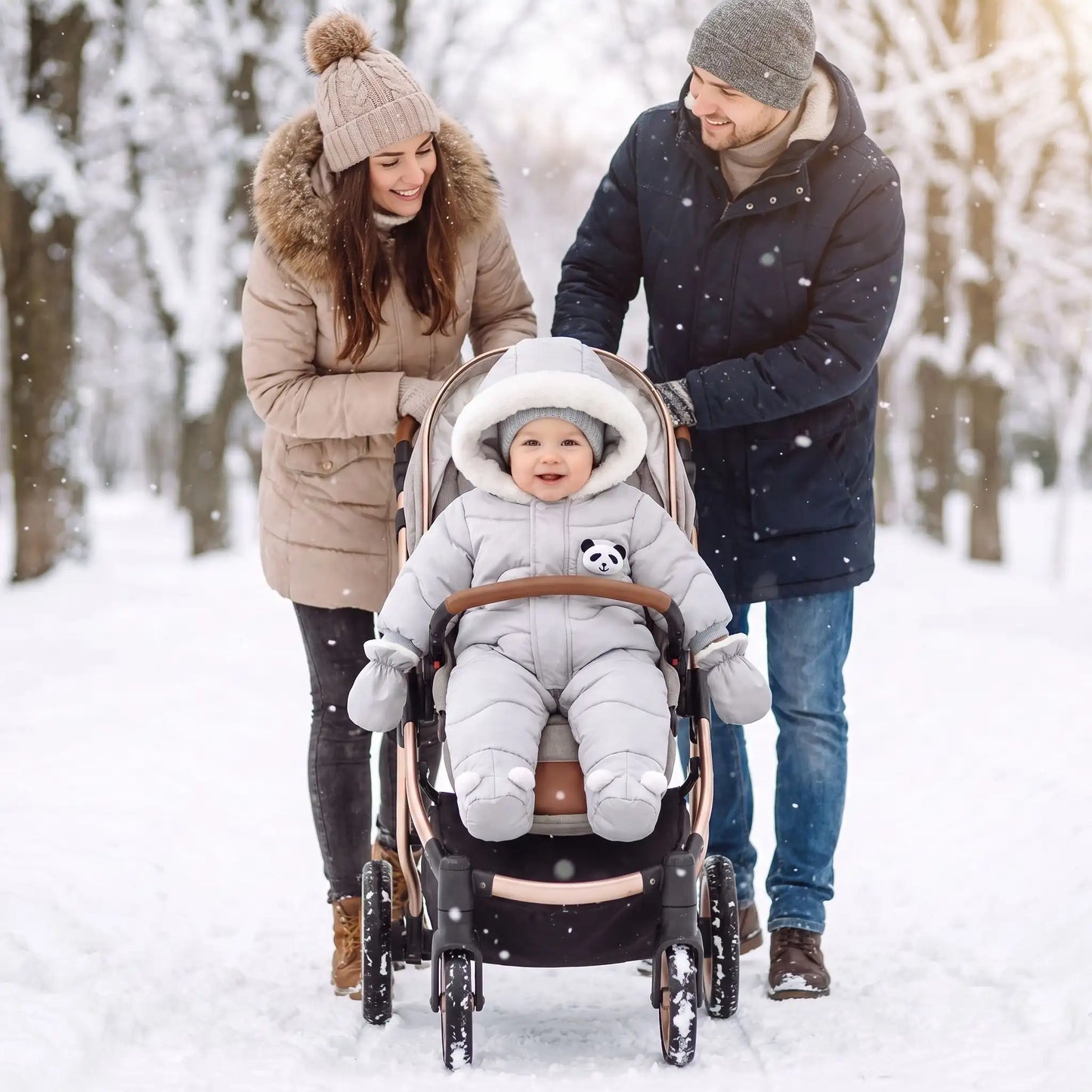 Combi pilote bébé grise motif panda avec moufles amovibles pour garder les mains bien au chaud