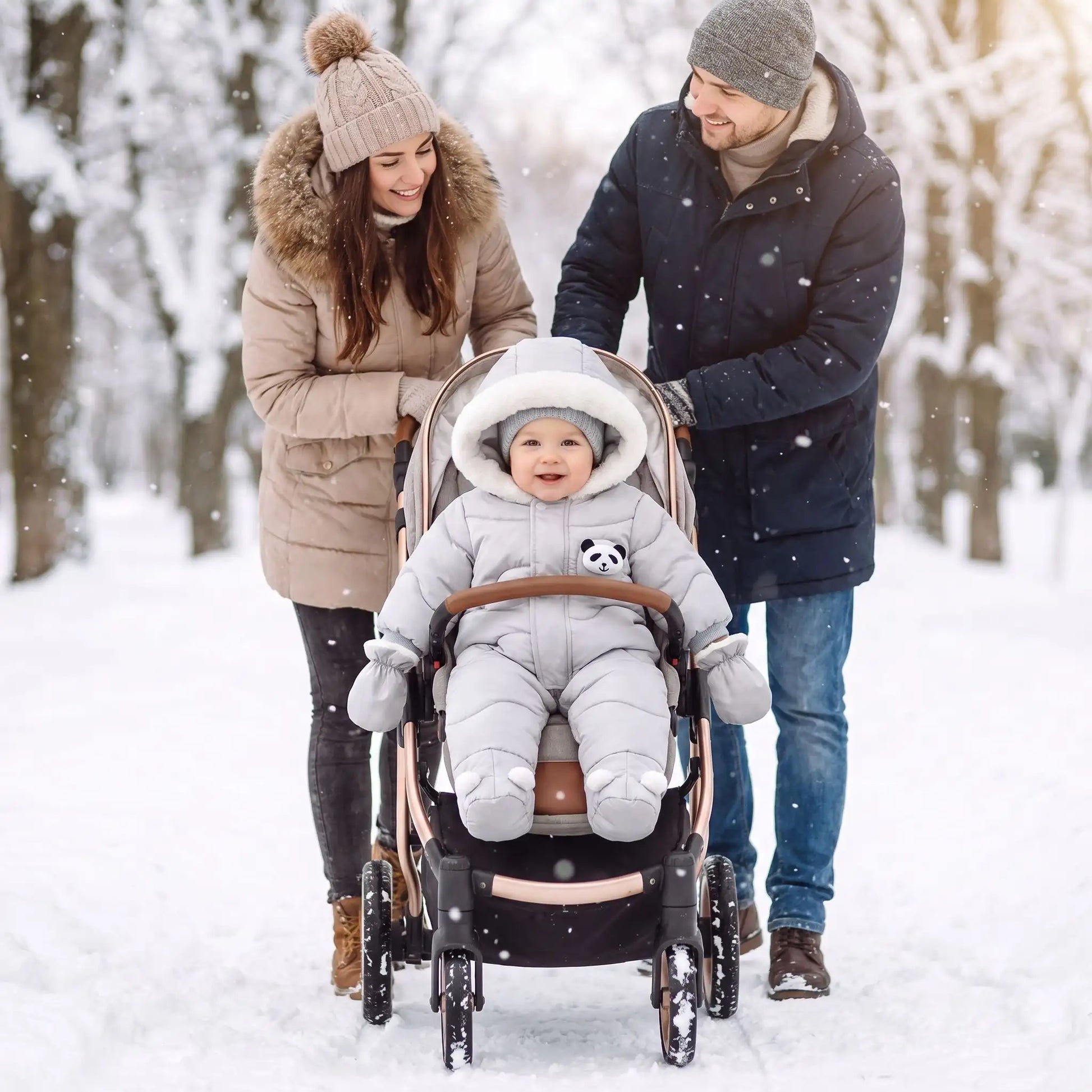 Combi pilote bébé grise motif panda avec moufles amovibles pour garder les mains bien au chaud