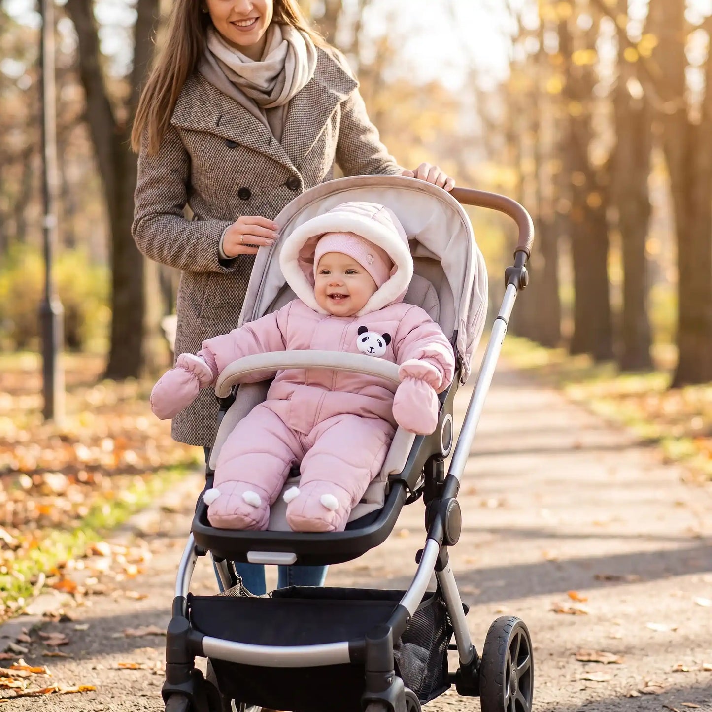 Combi pilote bébé motif panda rose chaude pour protéger bébé du froid en hiver
