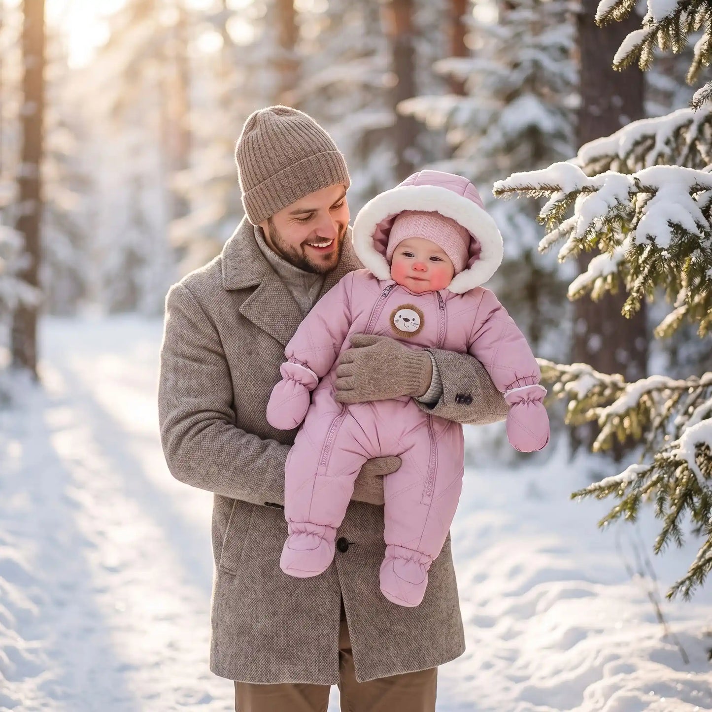 Combi pilote bébé rose avec motif tête de lion et doublure chaude, idéale pour garder bébé au chaud tout l'hiver