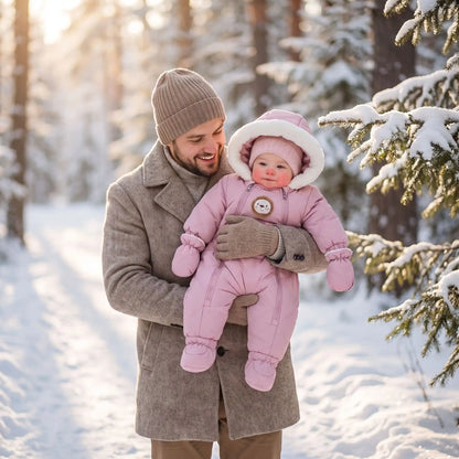 Combi pilote bébé rose avec motif tête de lion et doublure chaude, idéale pour garder bébé au chaud tout l'hiver