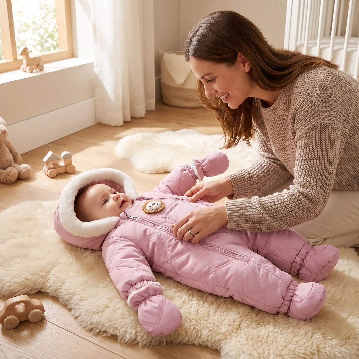 Combi pilote bébé rose avec motif tête de lion, chaude, douce et facile à enfiler pour protéger bébé durant l'hiver