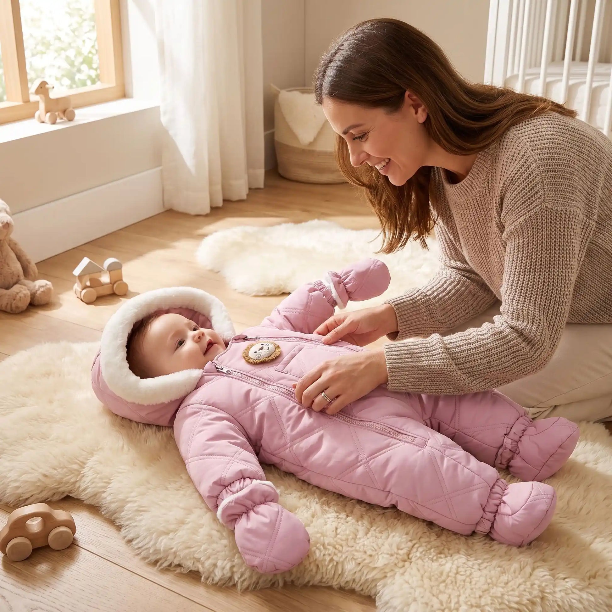 Combi pilote bébé rose avec motif tête de lion, chaude, douce et facile à enfiler pour protéger bébé durant l'hiver