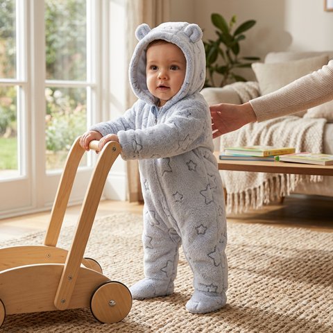 Combinaison bebe bleu avec capuche ourson et oreilles adorables