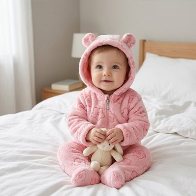 Combinaison bébé fille motif à fleur  en peluche moelleuse et chaleureuse
