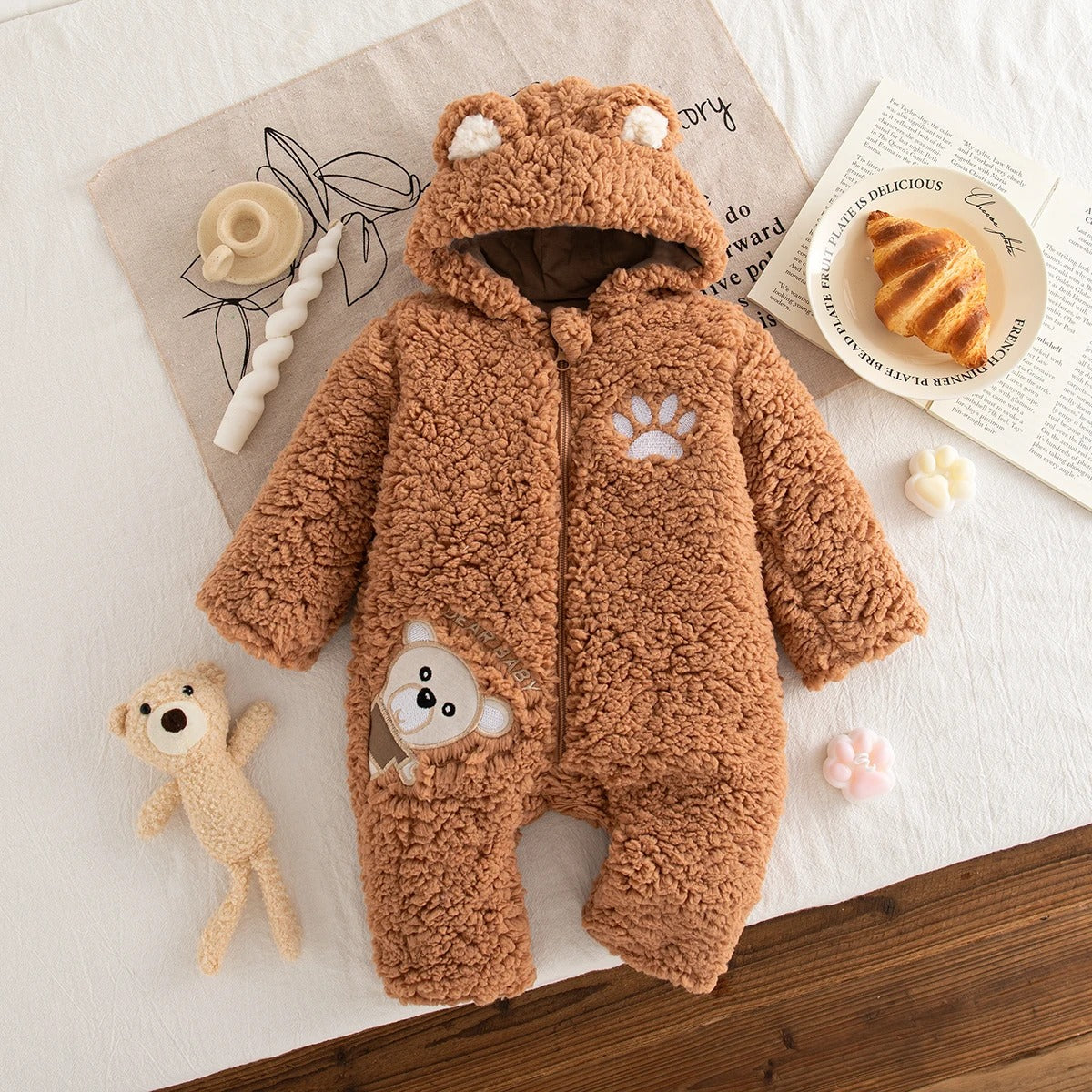 Doublure intérieure effet laine d'agneau – combinaison bébé hiver marron